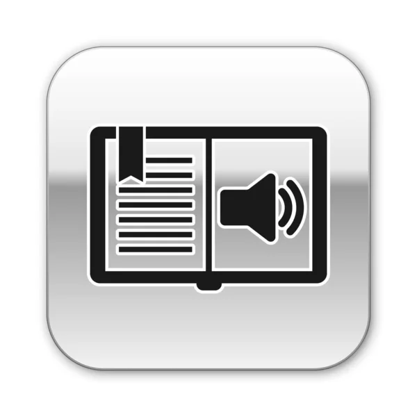 Icono de libro de audio negro aislado sobre fondo blanco. Signo de audio guía. Concepto de aprendizaje en línea. Botón cuadrado plateado. Ilustración vectorial — Vector de stock