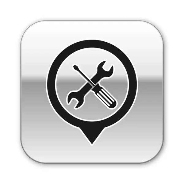 Black Location with crossed screwdriver and wrench tools icon isolated on white background. Pointer settings symbol. Silver square button. Vector Illustration — Stock Vector