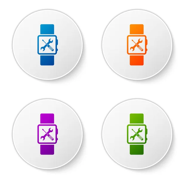Farb-Smartwatch mit Schraubenzieher und Schraubenschlüssel-Symbol isoliert auf weißem Hintergrund. Anpassung, Service, Einstellung, Wartung, Reparatur, Reparatur. setzen Sie Symbole in Kreis-Buttons. Vektorillustration — Stockvektor