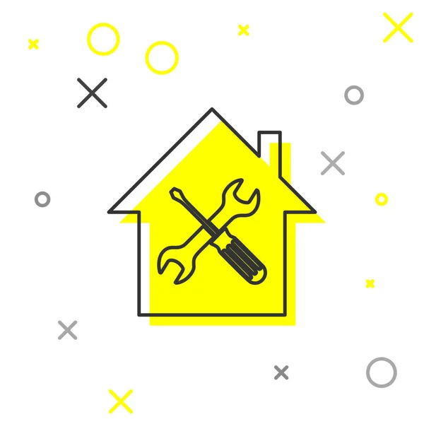 Línea gris Casa o casa con destornillador e icono de llave aislada sobre fondo blanco. Ajuste, servicio, ajuste, mantenimiento, reparación, fijación. Ilustración vectorial — Vector de stock