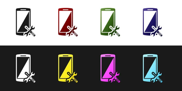Definir Smartphone com chave de fenda e ícone chave isolada no fundo preto e branco. Ajuste, serviço, configuração, manutenção, reparação, fixação. Ilustração vetorial — Vetor de Stock