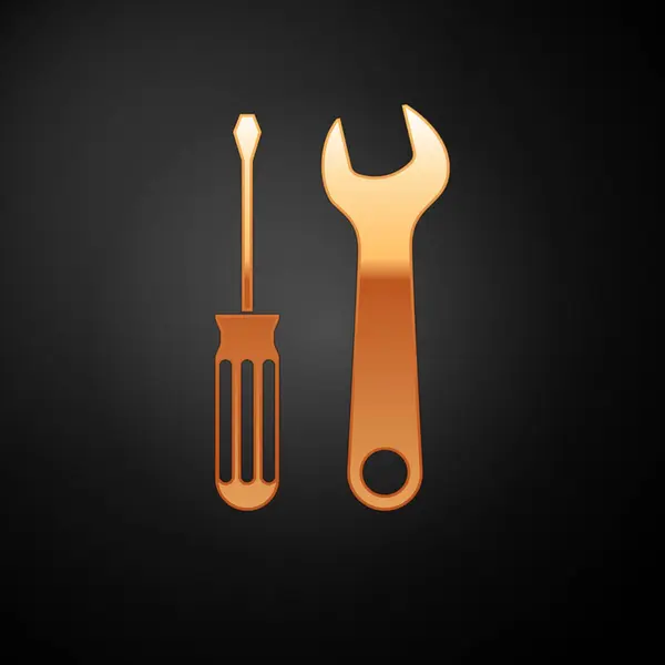 Złoty śrubokręt i narzędzia klucz ikona izolowane na czarnym tle. Symbol narzędzia serwisowego. Ilustracja wektorowa — Wektor stockowy