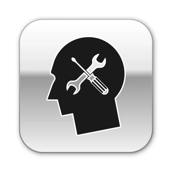 Black Human head with with screwdriver and wrench icon isolated on white background. Artificial intelligence. Symbol work of brain. Silver square button. Vector Illustration — Stock Vector
