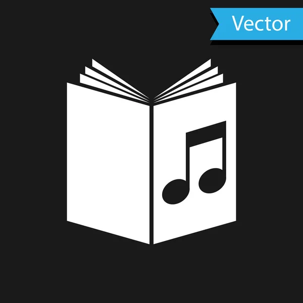 Ícone de livro de áudio branco isolado no fundo preto. Nota musical com livro. Sinal de guia áudio. Conceito de aprendizagem online. Ilustração vetorial — Vetor de Stock