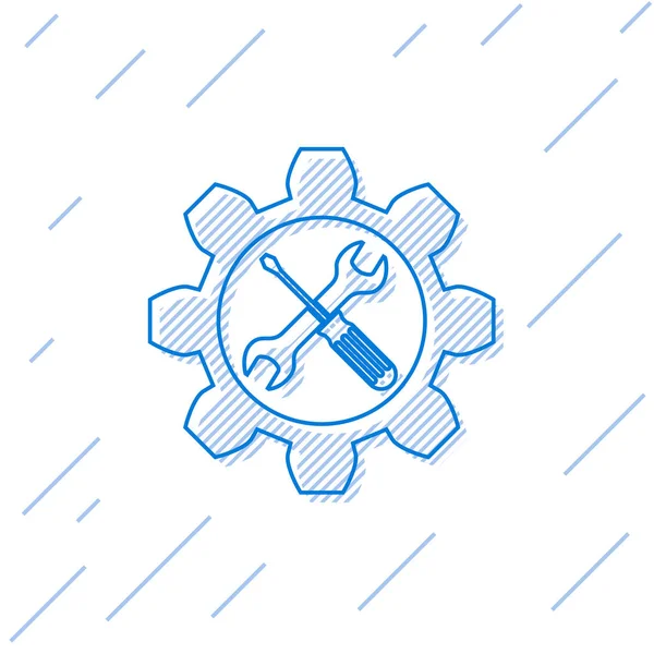Blå linjeunderhåll symbol-skiftnyckel och skruvmejsel i kugghjulsikonen isolerad på vit bakgrund. Symbol för service verktyg. Vektor illustration — Stock vektor