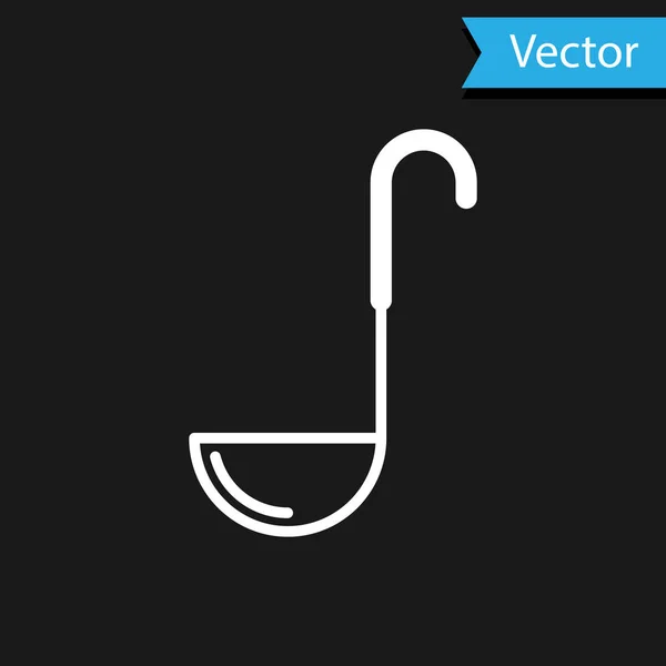 Icono de cuchara de cocina blanca aislado sobre fondo negro. Utensil de cocina. Signo de cuchara de cubiertos. Ilustración vectorial — Vector de stock