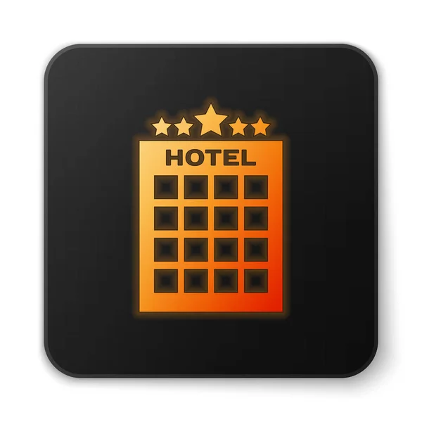 Πορτοκαλί λαμπερό εικονίδιο κτιρίου ξενοδοχείου απομονώνεται σε λευκό φόντο. Μαύρο τετράγωνο κουμπί. Απεικόνιση διανυσματικών φορέων — Διανυσματικό Αρχείο