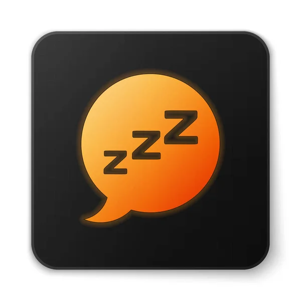 Oranžově zářící bublina řeči s ikonou chrápání izolovaná na bílém pozadí. Koncept spánku, nespavosti, aplikace budíku, hlubokého spánku, probuzení. Černé čtvercové tlačítko. Vektorová ilustrace — Stockový vektor