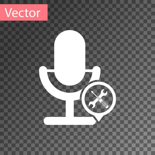 Fehér mikrofon csavarhúzó és Csavarkulcs ikon izolált átlátszó háttér. Beállítása, szerviz, beállítás, karbantartás, javítás, rögzítés. Vektoros illusztráció — Stock Vector