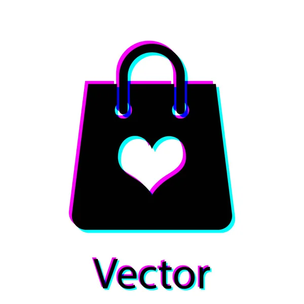 Schwarze Einkaufstasche mit Herz-Symbol auf weißem Hintergrund. Shopping Bag Shop Liebe wie Herz Ikone. Valentinstag-Symbol. Vektorillustration — Stockvektor