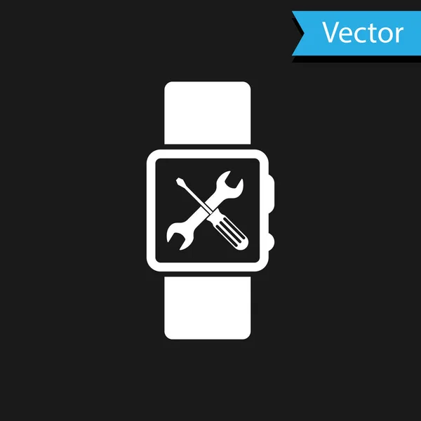 Weiße Smartwatch mit Schraubenzieher und Schlüsselsymbol isoliert auf schwarzem Hintergrund. Anpassung, Service, Einstellung, Wartung, Reparatur, Reparatur. Vektorillustration — Stockvektor
