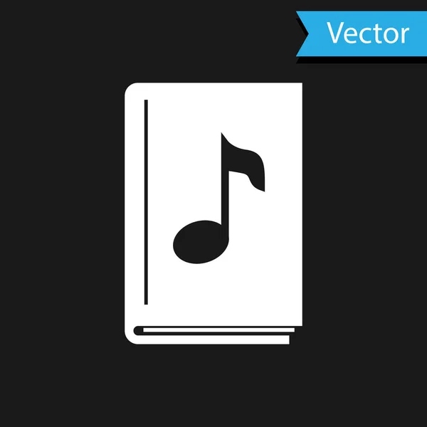 Icono de libro de audio blanco aislado sobre fondo negro. Nota musical con libro. Signo de audio guía. Concepto de aprendizaje en línea. Ilustración vectorial — Vector de stock