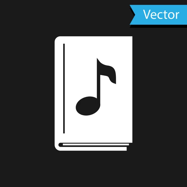 Ícone de livro de áudio branco isolado no fundo preto. Nota musical com livro. Sinal de guia áudio. Conceito de aprendizagem online. Ilustração vetorial — Vetor de Stock