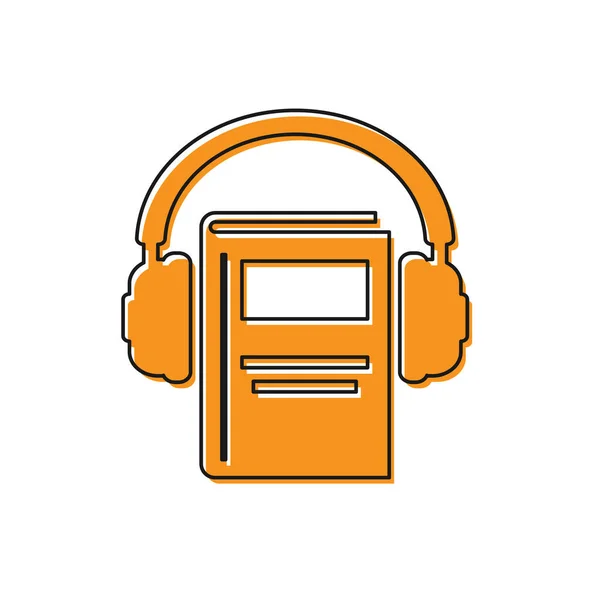 Icône Livre audio orange isolé sur fond blanc. Livre avec écouteurs. Panneau audio-guide. Concept d'apprentissage en ligne. Illustration vectorielle — Image vectorielle