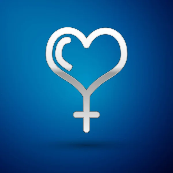 Zilveren vrouwelijke gender symbool en hart pictogram geïsoleerd op blauwe achtergrond. Symbool Venus. Het symbool voor een vrouwelijk organisme of vrouw. Vector illustratie — Stockvector