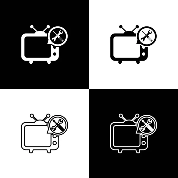 Set Tv con destornillador e icono de llave inglesa aislado sobre fondo blanco y negro. Ajuste, servicio, ajuste, mantenimiento, reparación, fijación. Ilustración vectorial — Archivo Imágenes Vectoriales