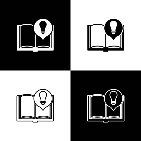 Impostare Curiosità icona isolata su sfondo bianco e nero. Libro o articolo e lampadina. Illustrazione vettoriale — Vettoriale Stock