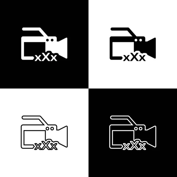 Definir câmera de vídeo com inscrição XXX ícone isolado em fundo preto e branco. Símbolo de restrição de idade. 18 mais sinal de conteúdo. Canal adulto. Ilustração vetorial — Vetor de Stock