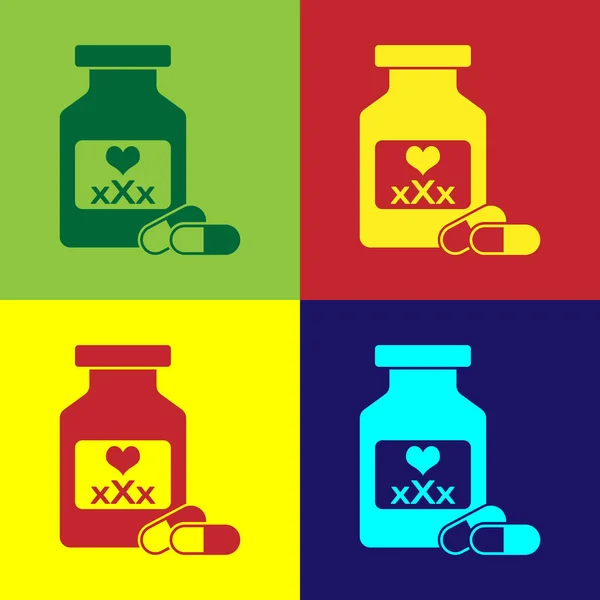 Флакон кольорової медицини з таблетками для потенції, значок афродизіаку ізольований на кольоровому фоні. Сексуальні таблетки для чоловіків і жінок. Векторна ілюстрація — стоковий вектор