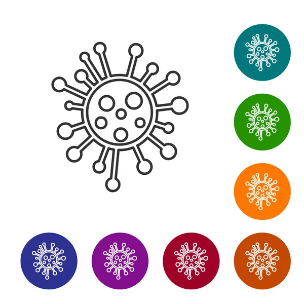 Γκρίζα σειρά βακτήρια εικονίδιο απομονώνονται σε λευκό φόντο. Βακτήρια και μικρόβια, μικροβιακό νόσημα, καρκίνος κυττάρων, μικρόβιο, ιός, μύκητες. Ρυθμίστε το εικονίδιο σε έγχρωμα κουμπιά κύκλου. Απεικόνιση διανυσματικών φορέων — Διανυσματικό Αρχείο