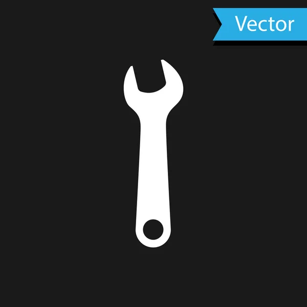 White Wrench icon isolated on black background. Spanner repair tool. Service tool symbol. Vector Illustration — Stock Vector