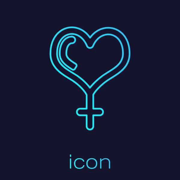 Turquoise lijn vrouwelijke gender symbool en hart pictogram geïsoleerd op blauwe achtergrond. Symbool Venus. Het symbool voor een vrouwelijk organisme of vrouw. Vector illustratie — Stockvector