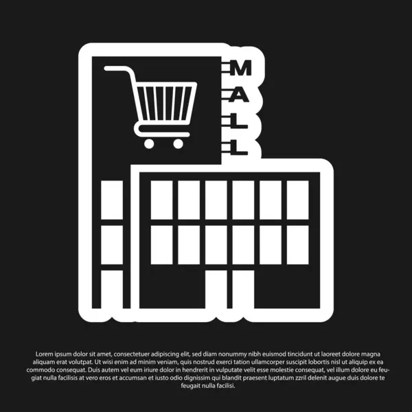 검은 색 배경에 고립 된 쇼핑 카트 아이콘이있는 검은 쇼핑몰 또는 슈퍼마켓 건물. 쇼핑 또는 상점. 벡터 일러스트레이션 — 스톡 벡터