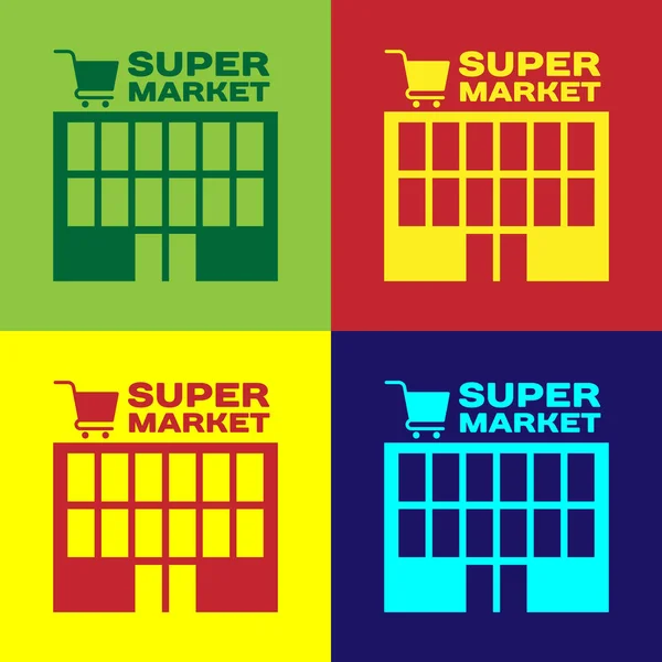 Color supermarket budynku z ikoną koszyka na zakupy na tle koloru. Kupuj lub przechowuj. Budynek centrum handlowego. Ilustracja wektorowa — Wektor stockowy