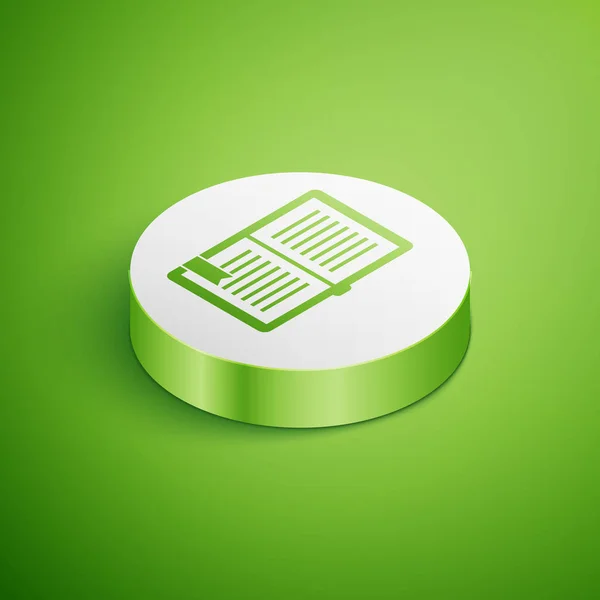 Isometric Open kitap simgesi yeşil arkaplanda izole edildi. Beyaz daire düğmesi. Vektör İllüstrasyonu