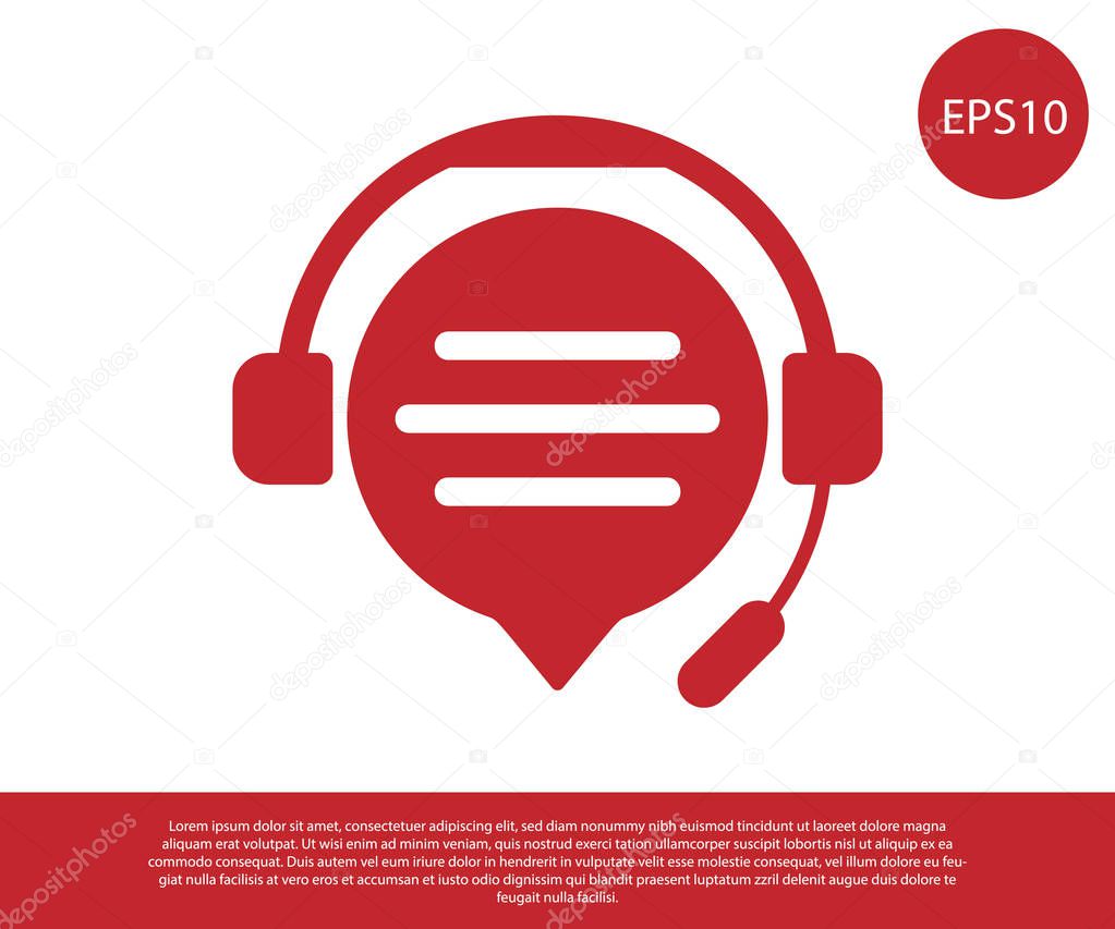 Red Headphones with speech bubble chat icon isolated on white background. Support customer service, hotline, call center, faq, maintenance. Vector Illustration