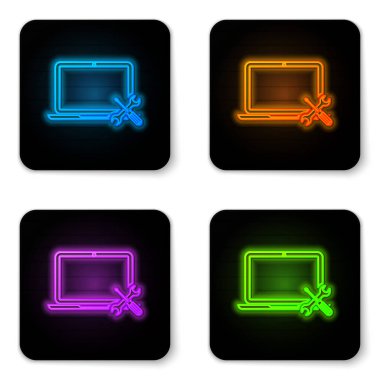 Beyaz arka planda izole tornavida ve anahtar simgesi ile parlayan Neon laptop. Ayarlama, hizmet, ayarlama, bakım, onarım, sabitleme. Siyah kare düğmesi. Vektör Illustration