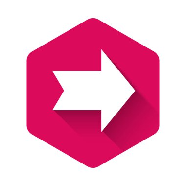 Beyaz ok simgesi uzun gölge ile yalıtılmış. Yönü Arrowhead sembolü. Gezinme işaretçisi işareti. Pembe altıgen düğmesi. Vektör Illustration