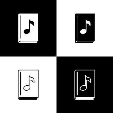 Siyah beyaz arka planda yalıtılmış ses kitabı simgesini ayarlayın. Kitap ile müzik notu. Ses kılavuzu işareti. Online öğrenme konsepti. Vektör Illustration
