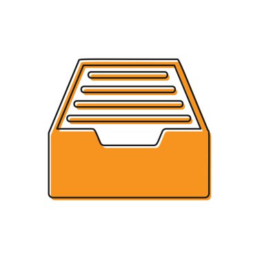 Turuncu çekmece belgeleri simgesi beyaz arka planda izole. Arşiv kağıtları çekmecesi. Dosya dolabı çekmecesi. Ofis mobilyaları. Vektör Illustration