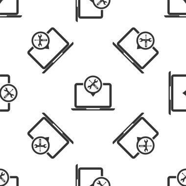 Beyaz arka planda tornavida ve anahtar simgesi izole Dikişsiz desen ile gri laptop. Ayarlama, hizmet, ayarlama, bakım, onarım, sabitleme. Vektör Illustration