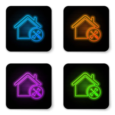 Parlayan Neon House veya ev tornavida ve anahtar simgesi beyaz arka planda izole. Ayarlama, hizmet, ayarlama, bakım, onarım, sabitleme. Siyah kare düğmesi. Vektör Illustration
