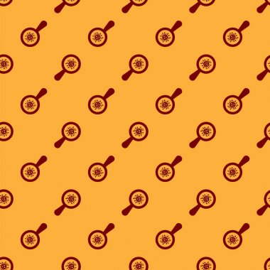 Büyüteç simgesi altında kırmızı mikroorganizmalar kahverengi arka planda izole Dikişsiz desen. Bakteri ve mikroplar, hücre kanseri, mikrop, virüs, mantar. Vektör Illustration