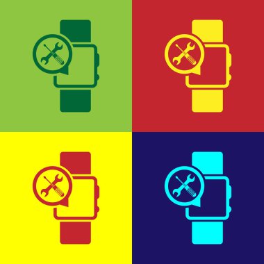 Renk arka plan üzerinde izole tornavida ve anahtar simgesi ile renkli SmartWatch. Ayarlama, hizmet, ayarlama, bakım, onarım, sabitleme. Vektör Illustration