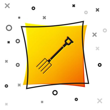 Siyah Bahçe dirgen simgesi beyaz arka planda izole. Bahçe çatal işareti. Bahçecilik, tarım, Tarım için araç. Sarı kare düğmesi. Vektör Illustration