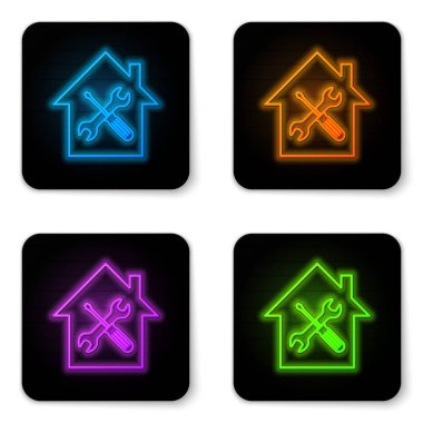Parlayan Neon House veya ev tornavida ve anahtar simgesi beyaz arka planda izole. Ayarlama, hizmet, ayarlama, bakım, onarım, sabitleme. Siyah kare düğmesi. Vektör Illustration