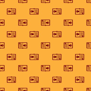 Kırmızı ses kitap simgesi kahverengi arka planda izole Dikişsiz desen. Ses kılavuzu işareti. Online öğrenme konsepti. Vektör Illustration