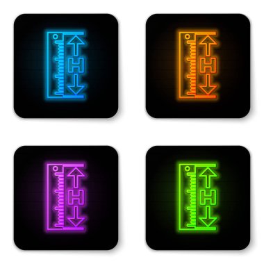 Parlayan Neon ölçüm yüksekliği ve uzunluğu simgesi beyaz arka planda yalıtılmış. Cetvel, düzleştirici, ölçek sembolü. Siyah kare düğmesi. Vektör Illustration
