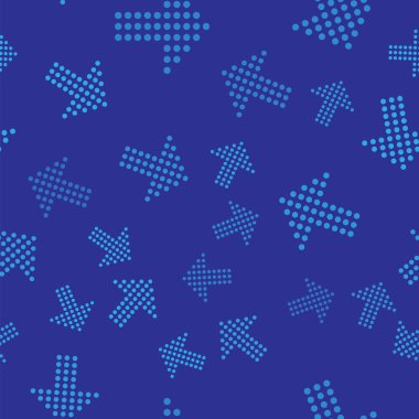 Mavi nokta ok simgesi mavi arka planda izole Dikişsiz desen. Yarı ton ok. Noktalı ok işareti. Vektör Illustration