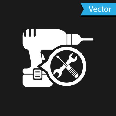 Siyah arka planda izole tornavida ve anahtar simgesi ile beyaz matkap makinesi. Ayarlama, hizmet, ayarlama, bakım, onarım, sabitleme. Vektör Illustration