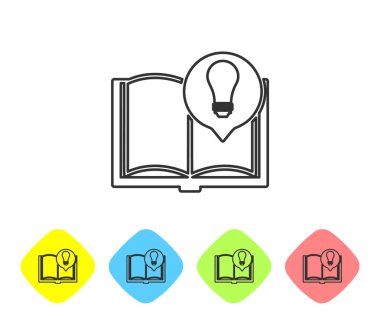 Gri çizgi Ilginç gerçekler simgesi beyaz arka planda izole. Kitap veya makale ve ampul. Renk Rhombus düğmelerinde simgesini ayarlayın. Vektör Illustration