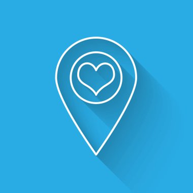 Beyaz çizgi uzun gölge ile izole kalp simgesi ile harita işaretçisi. Vektör Illustration