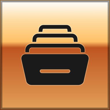 Siyah çekmece belgeleri simgesi altın arka planda izole. Arşiv kağıtları çekmecesi. Dosya dolabı çekmecesi. Ofis mobilyaları. Vektör Illustration