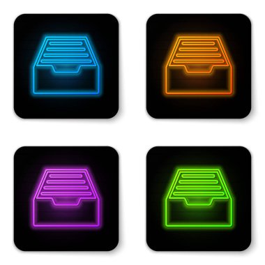 Parlayan Neon çekmece belgeleri simgesi beyaz arka planda izole. Arşiv kağıtları çekmecesi. Dosya dolabı çekmecesi. Ofis mobilyaları. Siyah kare düğmesi. Vektör Illustration