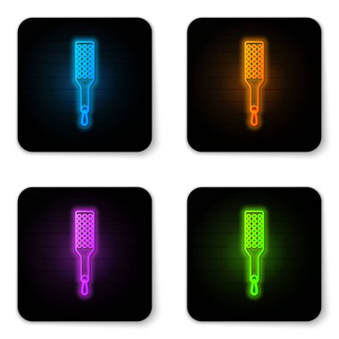 Parlayan Neon Spanking kürek simgesi beyaz arka planda izole. Fetiş aksesuarı. Yetişkin için seks oyuncağı. Siyah kare düğmesi. Vektör Illustration