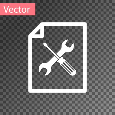 Şeffaf arka planda yalıtılmış tornavida ve anahtar simgesi ile beyaz dosya belgesi. Ayarlama, hizmet, ayarlama, bakım, onarım, sabitleme. Vektör Illustration